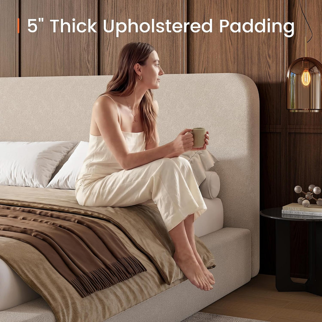 LARMACE King Upholstered Platform Bed Frame with Padded Headboard