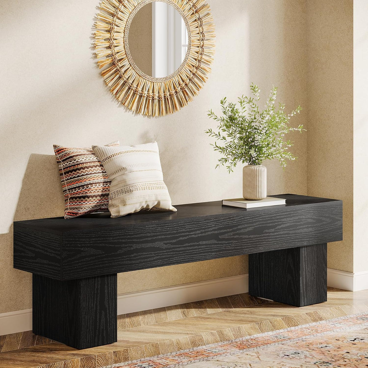 Tribesigns 63“ Extra Long Entryway Bench, Indoor End of Bed Bench for Bedroom, Farmhouse Wooden Shoe Seat Dining Bench for Dining Room, Living Room, Hallway, Black