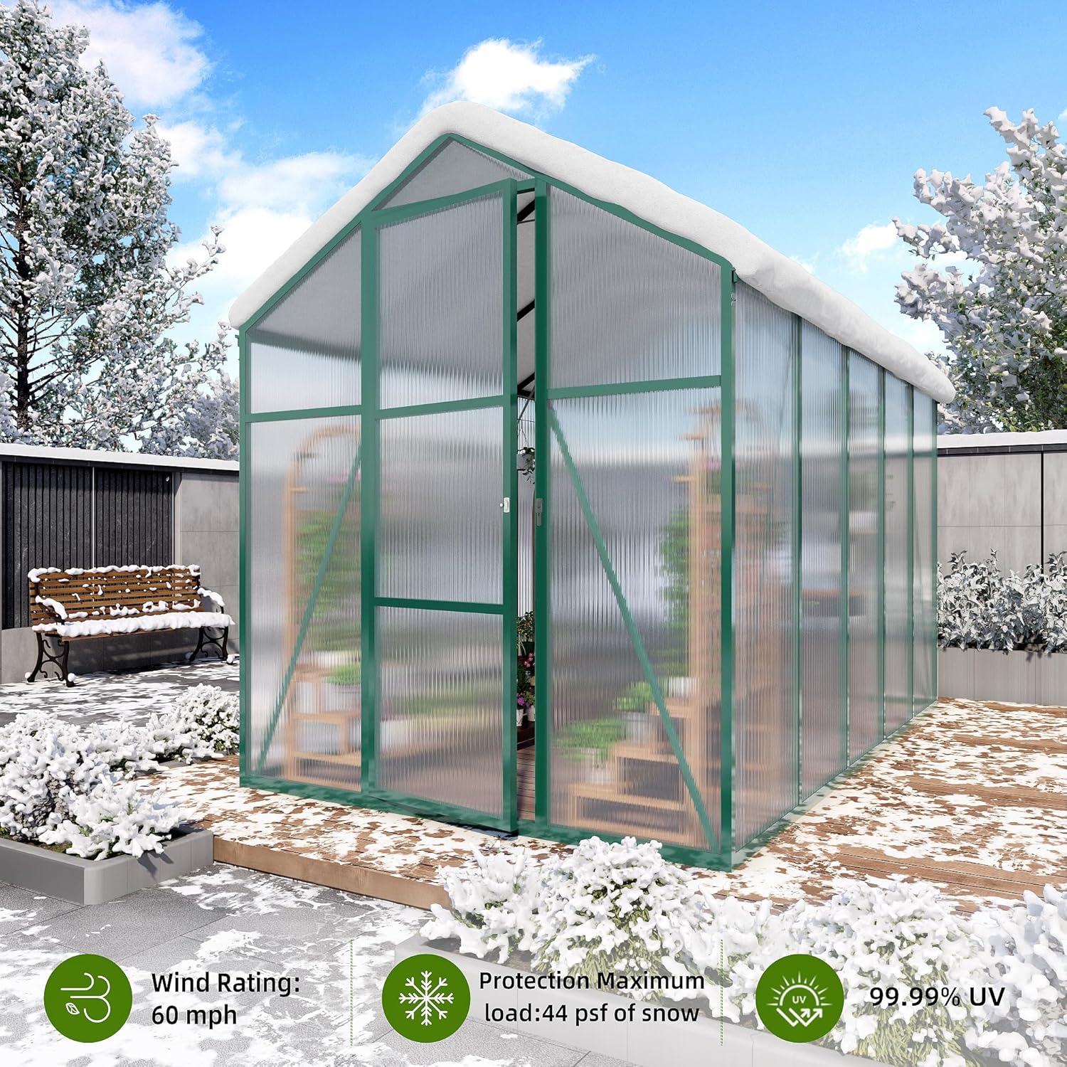 86in High 6*10.2FT Greenhouse for Outdoors, Polycarbonate Greenhouse with Stronger Wind Protection and Roof Vent, Walk-in Large Aluminum Sunroom Winter Proof, Green