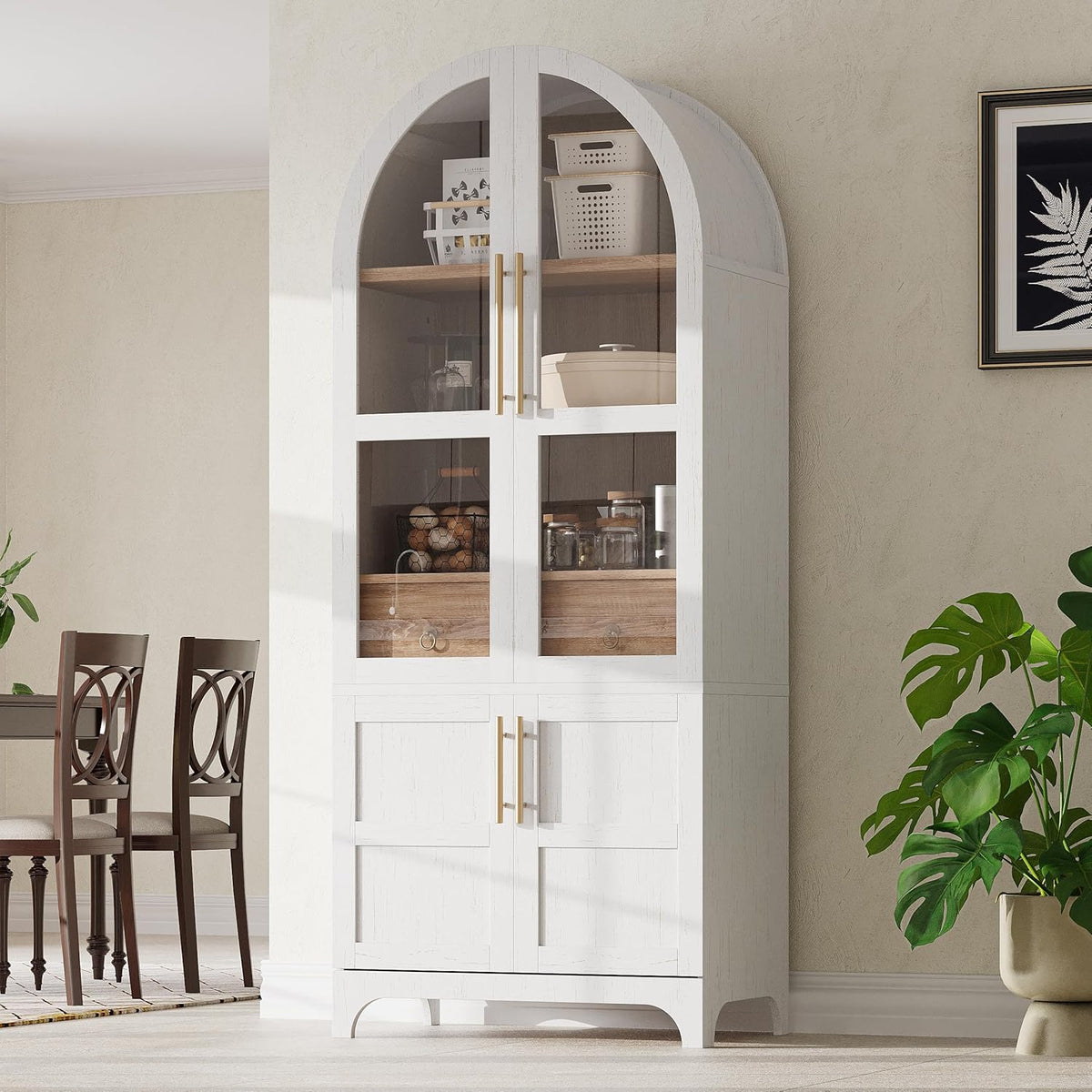 71" Farmhouse Tall Arched Kitchen Pantry Cabinet with Adjustable Shelves and Hidden Drawer, Anti-Tipping Storage Cupboard with Glass Door for Kitchen, Dining Room (White)
