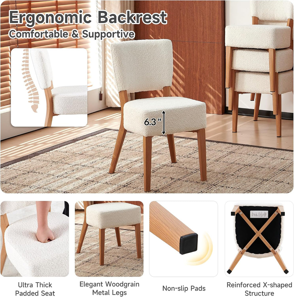 Howtek 5-Piece Kitchen Table Set, 37-Inch Faxu Wood Round Dining Table, White Upholstered Kitchen Side Chairs with Backrest & Metal Legs for Breakfast Nook, Dining Room, Office, Kitchen