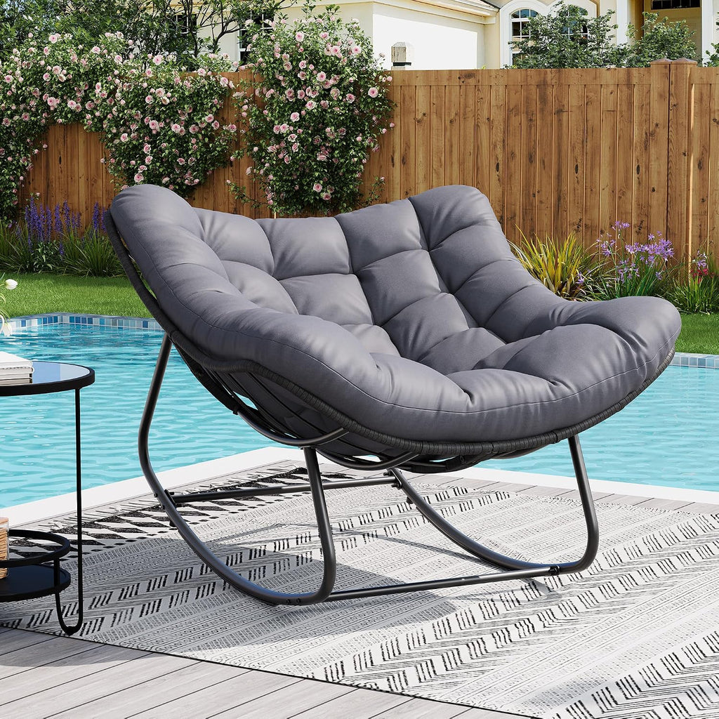 Garvee Outdoor Rocking Chair, Oversized Papasan Chair with Cushion | Metal & PE Rattan Frame, 400LBS Capacity, Ideal for Patio, Garden or Living Room, Gentle 30° Rocking Comfort