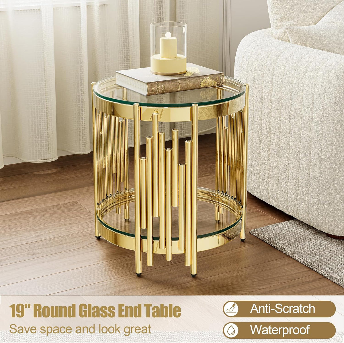 Round Glass End Table, 19" Modern 2-Tier Side Table with Clear Tempered Glass Top and Gold Stainless Steel Base for Living Room or Bedroom
