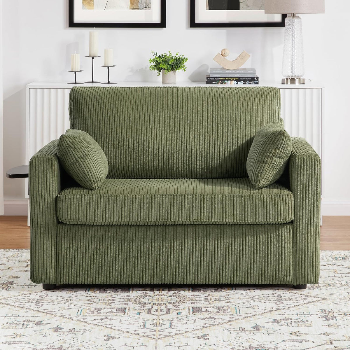 Twin Size Sofa Bed 47.2" Sleeper Sofa Loveseat Sofa with a Foldable Mattress, a Foldable Side Table, a Side Storage Pocket and Two USB Ports for Living Room, Green
