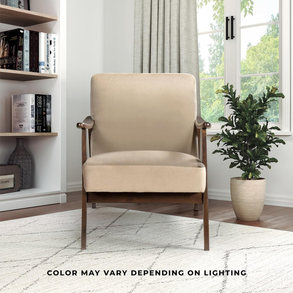 Lexicon Mid Century Modern Chair Velvet Accent Chair for Living Room Chair w/Solid Wood Armrests and Legs, Cushioned Seat and Backrest, Reading Chair and Lounge Chair for Bedrooms/Studios, Brown
