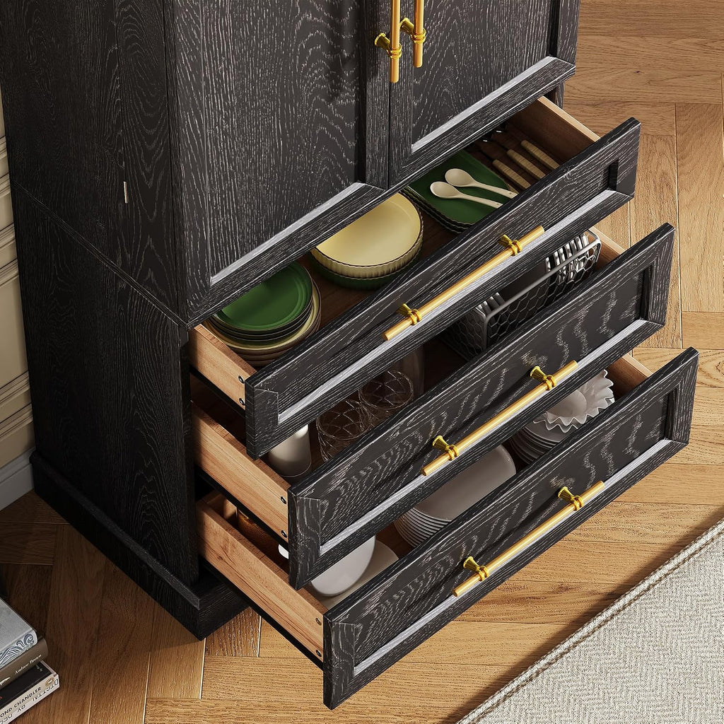 78.2" Tall Farmhouse Kitchen Pantry Cabinet with 8 Door Shelves, Storage Cupboard with 3 Adjustable Shelves, 3 Large Drawers,for Dining & Bathroom (Ash Black-J)