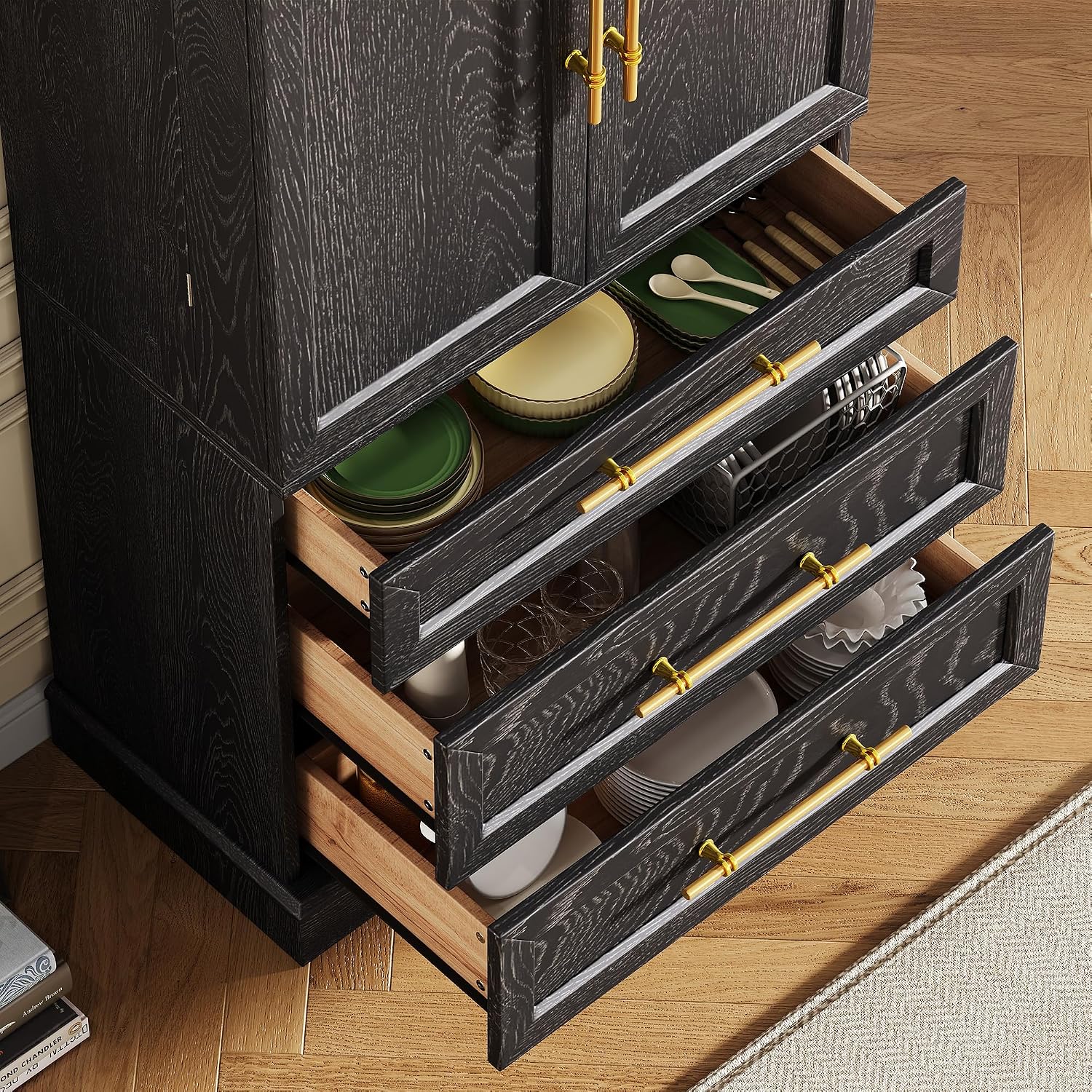 78.2" Tall Farmhouse Kitchen Pantry Cabinet with 8 Door Shelves, Storage Cupboard with 3 Adjustable Shelves, 3 Large Drawers,for Dining & Bathroom (Ash Black-J)