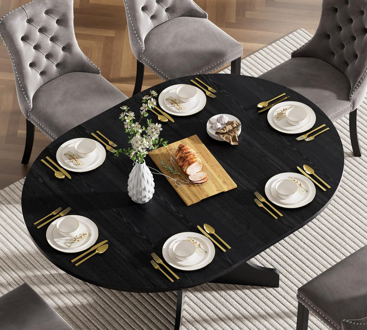 Henf 5 Piece Round Extendable Dining Table Set for 4, 43"-59" Wood Oval Expanding Kitchen Table with 4 Chairs, Space Saving Extendable Dining Room Tables with Pedestal Base (Black & Gray)