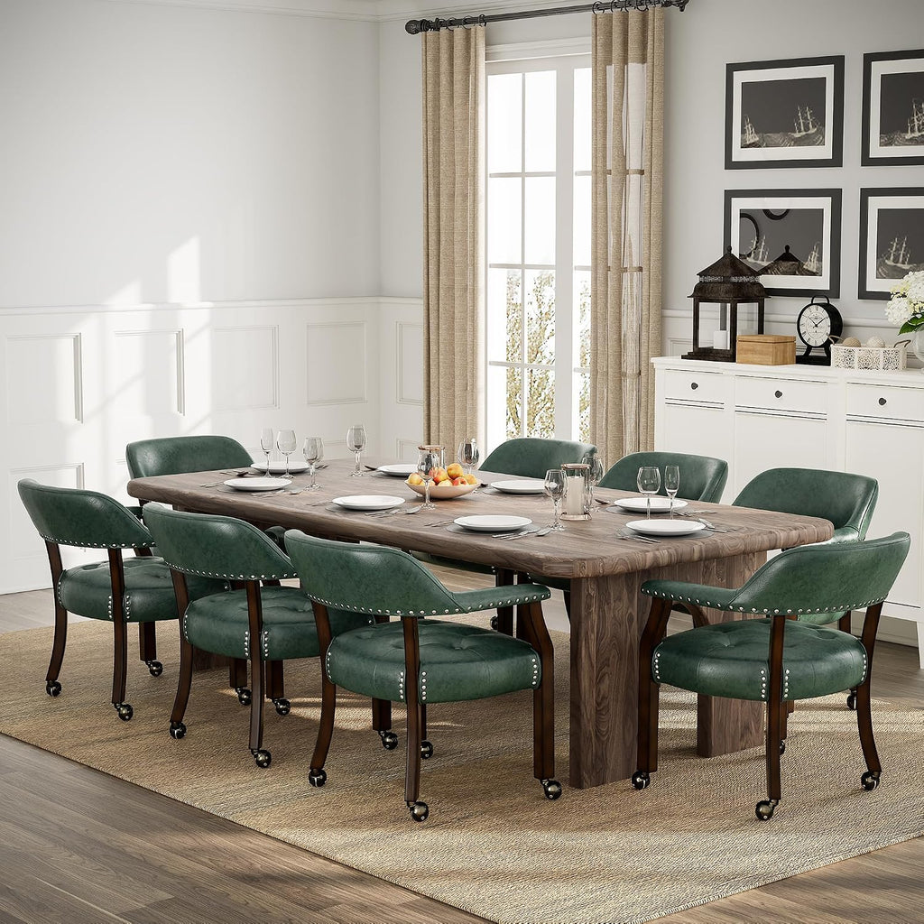 Set of 6 Dining Leather ArmChairs with Casters,Green PU, 360° Move | Accent Kitchen Chairs with Wheels, Captain's Rolling Poker Table Chair Set, Button Tufted Cushion, Open Back, for Home Office