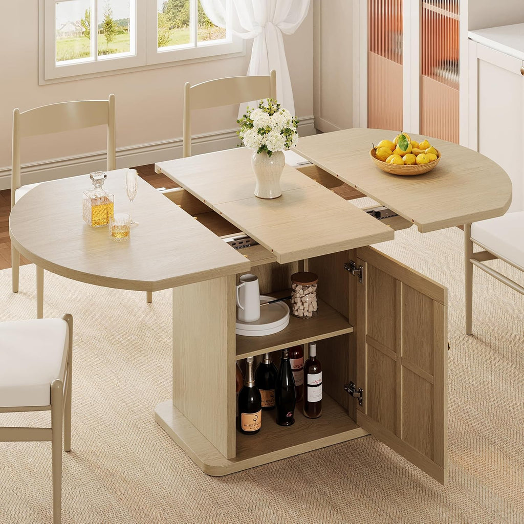 iPormis Round Dining Table for 4-6, 59'' Extendable Dining Room Kitchen Table with 2-Tier Storage Shelf, Wood Dinner Table with Door & Pedestal Base, for Kitchen Living Room, Space Saving, Natural