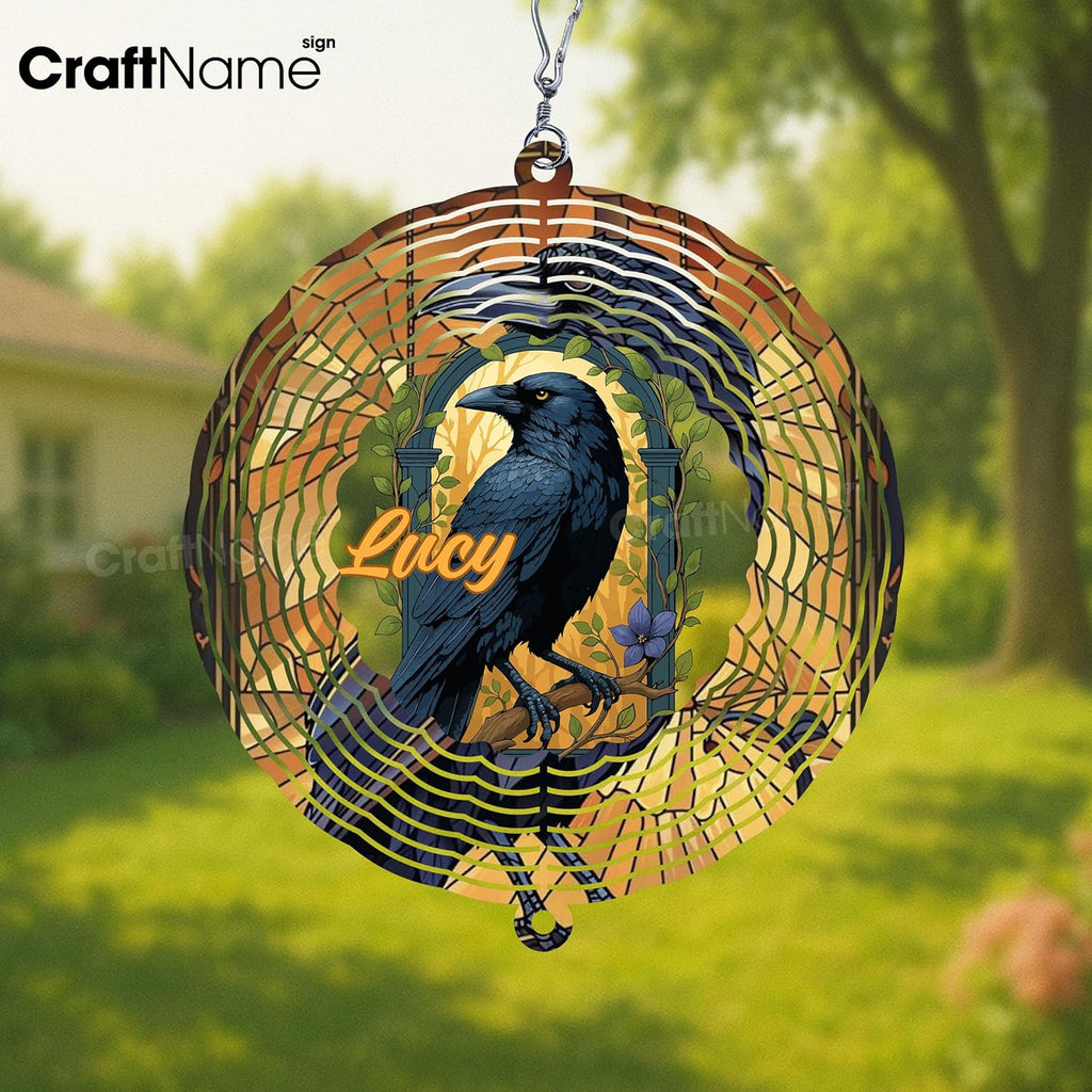 Personalized Raven Wind Spinner 3D Stainless Steel, Raven Garden Spinner Hanging Outdoor Decor, Wind Spinners Outdoor, Custom Gift for Grandmother, Mom, Wife