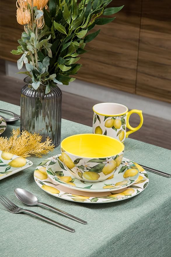 Bico Lemon Dreams Cereal Bowls Set of 4, 26 oz Deep Ceramic Soup Bowls for Cereal, Salad, Noodles, Kitchen, Microwave and Dishwasher Safe, Gift for Housewarming and Thanksgiving