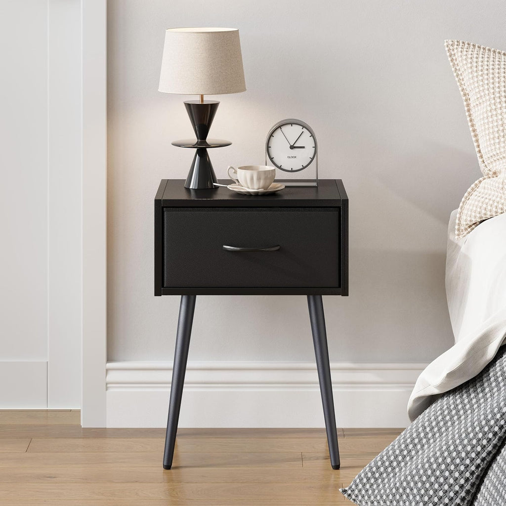 Small Black Nightstands Set of 2, Bedside Table with Fabric Drawer, Modern End Table with Metal Leg, Couch Side Table for Bedroom Living Room, Sofa, Office LNT504B