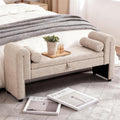 Storage Bench for Bedroom End of Bed, Velvet Upholstered Rolled Armed Button Tufted Sofa Stool Bench, Storage Ottoman Couch Long Bench with Solid Wood Legs (Oatmeal)