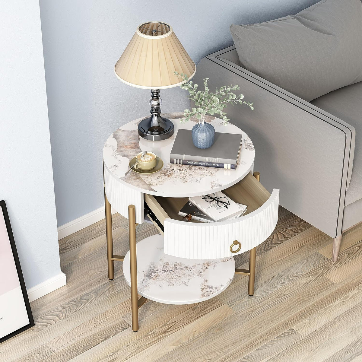 OIOG Round End Table, Nightstand with Storage, Marbling Natural Stone/Gold