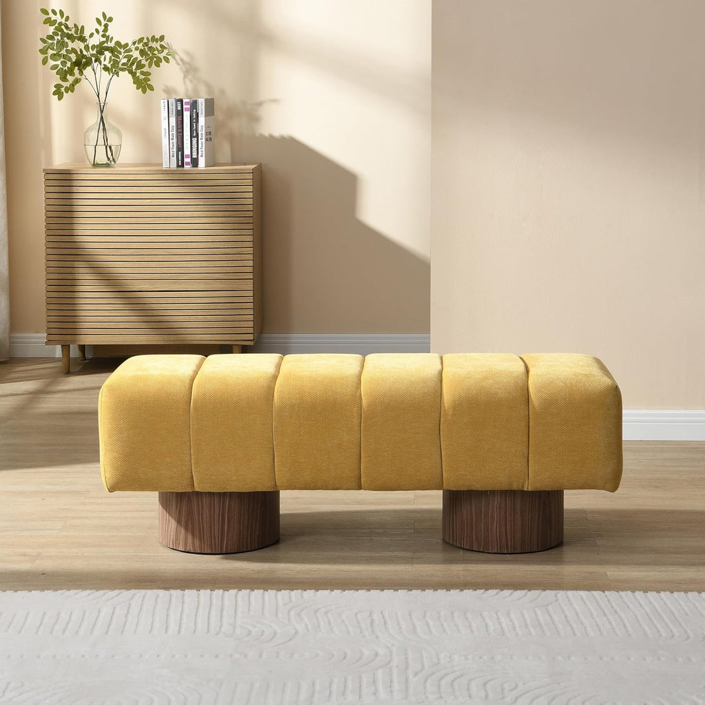 Merax 50" Upholstered Chenille Dining Bench Entryway End of Bed Ottoman Bench for Living Room Bedroom Dining Room, Wood Leg, Bear 300 LBS, No-Assembly (Yellow)