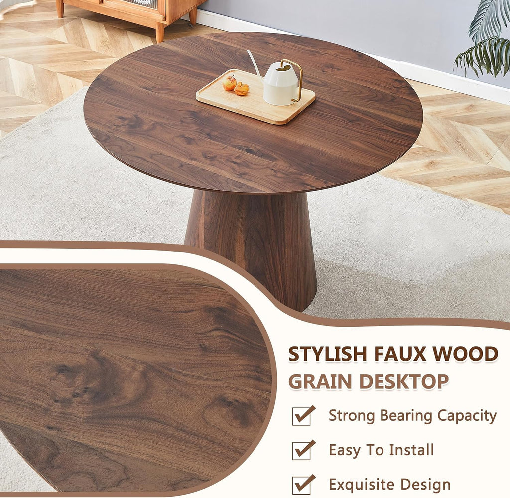45'' Round Dining Table for 4 - Modern Farmhouse Kitchen Table with Cone Pedestal Base,Walnut Wood Dining Table for Small Spaces,Round Kitchen Table Ideal for Dining Room or Apartment