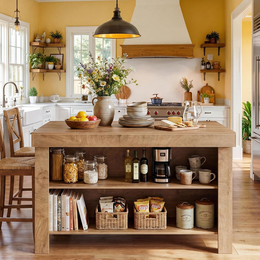 Tribesigns 55" Kitchen Island with Storage & Seating (Natural Brown | Farmhouse Wooden Island with Stationary Worktop, Open Shelves, and Legroom, Dining Prep Station for Home Kitchen