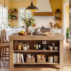 Tribesigns 55" Kitchen Island with Storage & Seating (Natural Brown | Farmhouse Wooden Island with Stationary Worktop, Open Shelves, and Legroom, Dining Prep Station for Home Kitchen