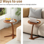 C Shaped End Table, Small Round Side Table for Couch, Slide Under Sofa Tray Desk for Living Room Bedroom, Solid Wood TV Tray Table for Narrow Space (15” Chestnut)