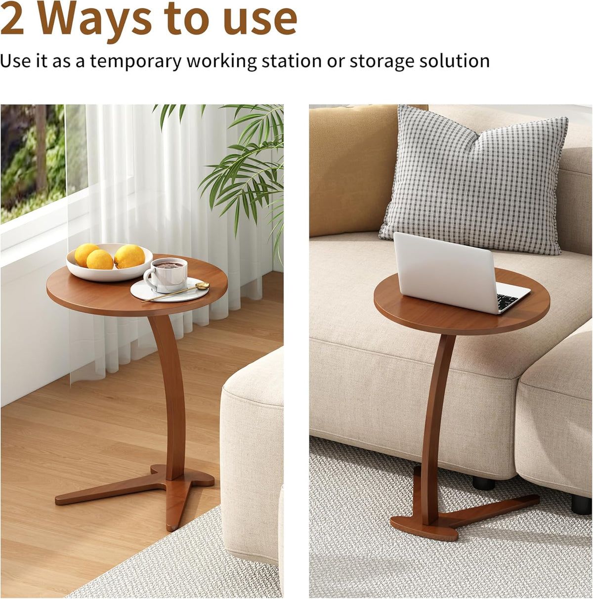 C Shaped End Table, Small Round Side Table for Couch, Slide Under Sofa Tray Desk for Living Room Bedroom, Solid Wood TV Tray Table for Narrow Space (15” Chestnut)