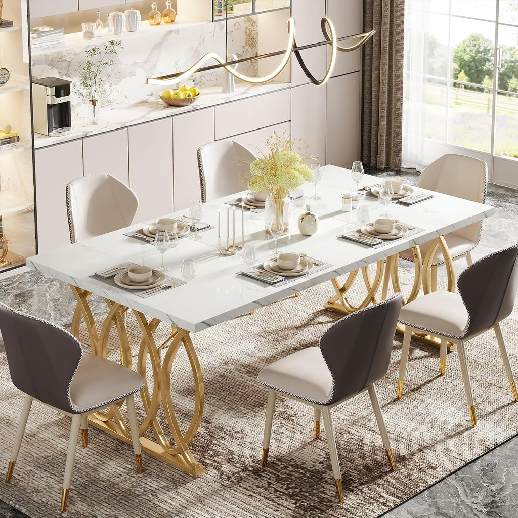 Tribesigns 63" Dining Table for 4 to 6, White and Gold Kitchen Table | Modern Large Rectangular Dinner Table Kitchen & Dining Room Furniture with Faux Marble Tabletop and Geometric Legs