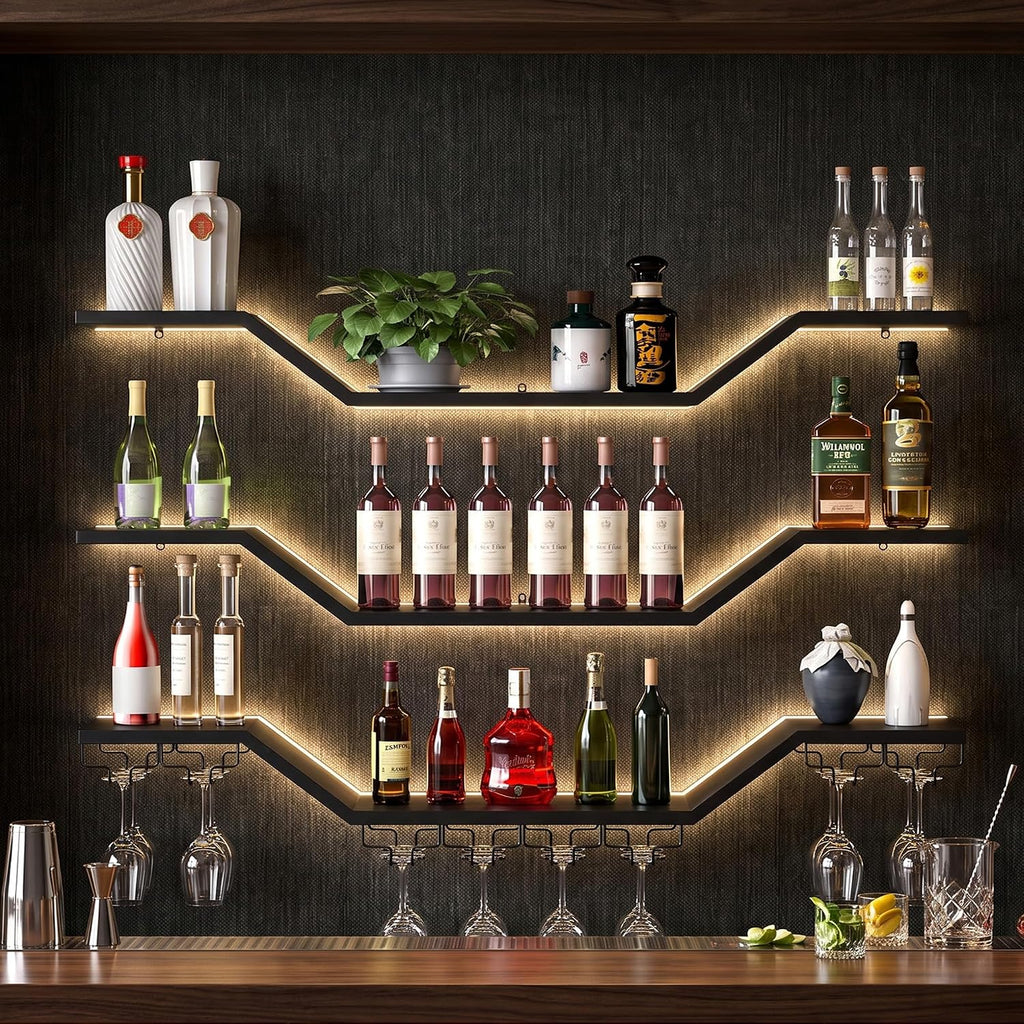 39.4in 3-Tier Floating Metal Wine Rack, Modern Wall Mounted Wine Shelf with LED Lights & Wine Glass Rack, Large Hanging Liquor Shelf Wall Mounted for Bar Home Dining Room Cafe Decorative, Black