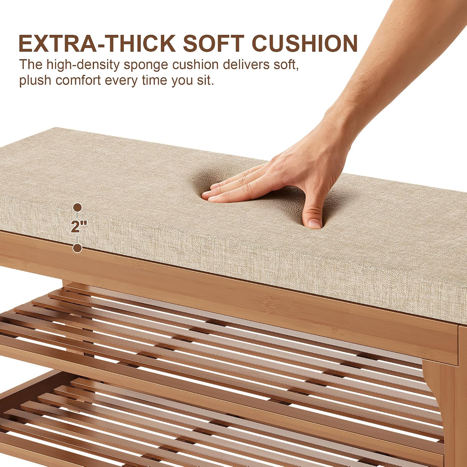 PETKABOO 27.6" Shoe Storage Bench with Cushion, Bamboo Shoe Rack Bench, 2-Tier Entryway Shoe Organizer, Supports up to 350 LB, for Hallway, Bedroom, Closet, Living Room