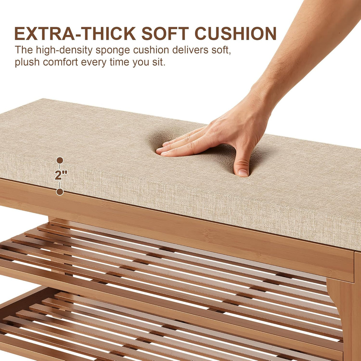 PETKABOO 39.4" Shoe Storage Bench with Cushion, Bamboo Shoe Rack Bench, 2-Tier Entryway Shoe Organizer, Supports up to 380 LB, for Hallway, Bedroom, Closet, Living Room