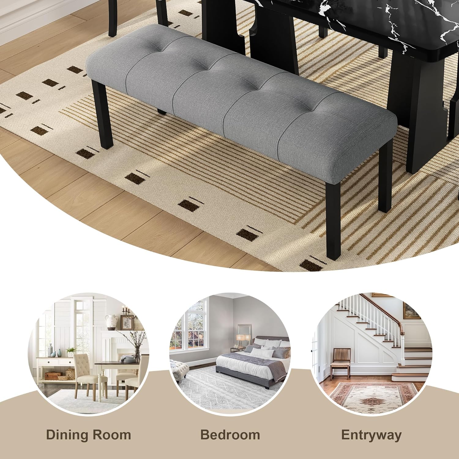 GDFStudio Upholstered Dining Bench with Tufted Linen Seat and Rubber Wood Frame, Modern Entryway Bench Seating for Kitchen Bedroom Living Room, Comfortable Padded Bench, Gray