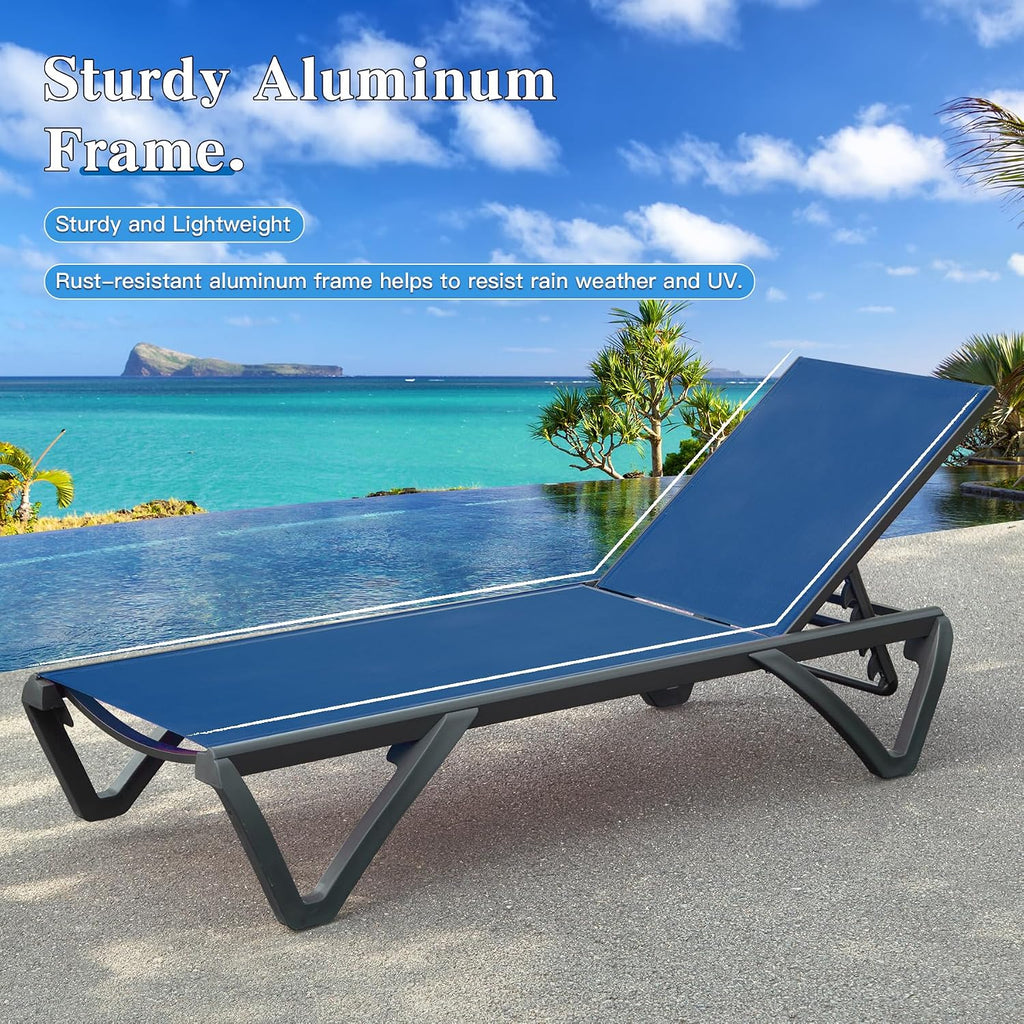 Domi Aluminum Pool Lounge Chair Outdoor Set of 2 Chaise Lounge Outdoor | Wheels, Adjustable, Textilene, Navy Blue, All Weather, Poolside, Backyard, Patio, Deck, Outside