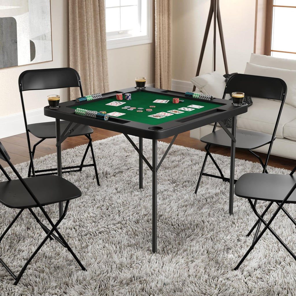 Flash Furniture 34.5" Black Folding Card Game Table | 4-Player, Cup Holders, Green Playing Surface, Portable