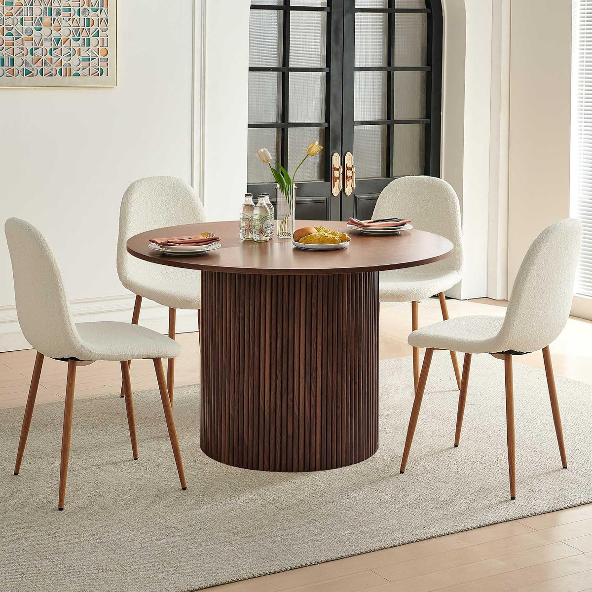 Dining Table Set for 4, Mid Century Modern 47 Inch Wooden Round Dining Table Set, Space Saving (Table + 4 White Chairs)
