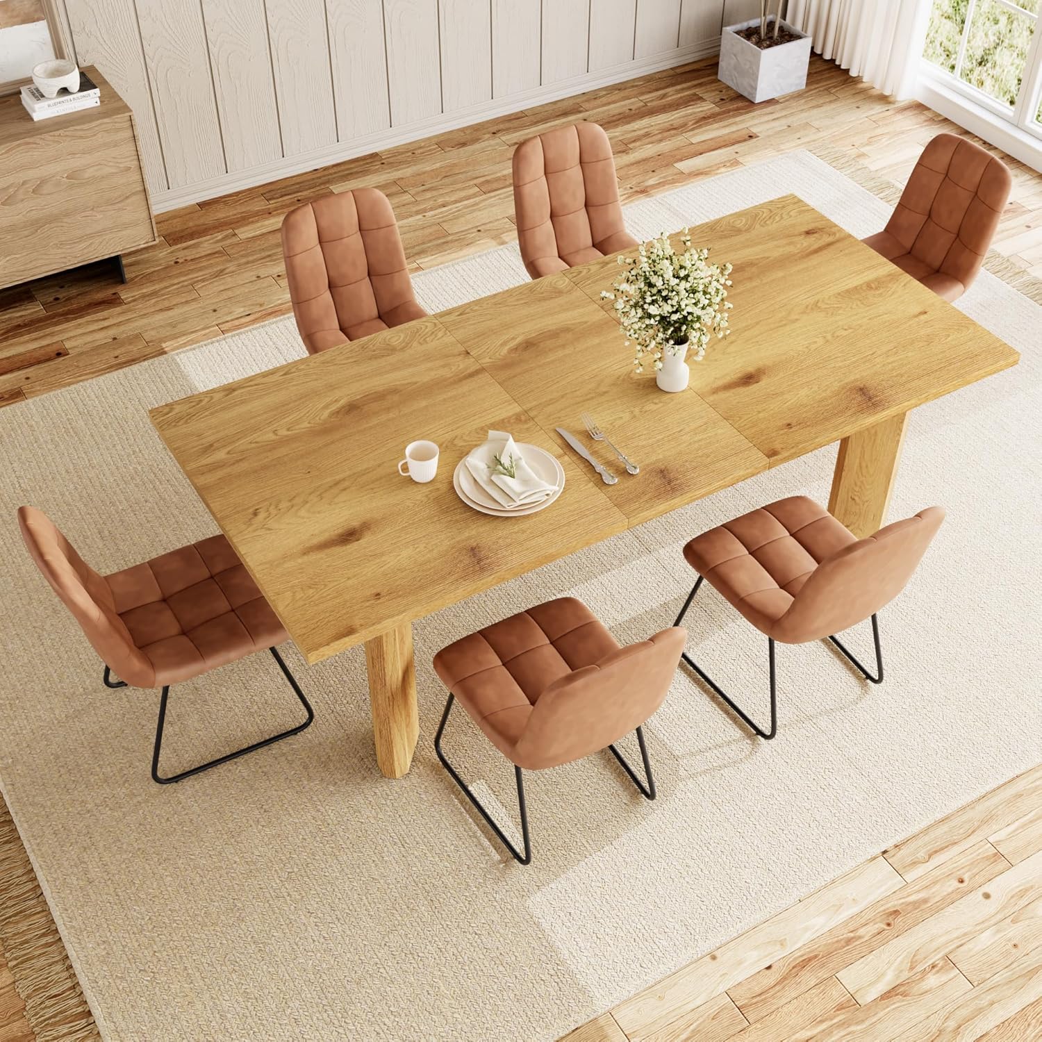 HIPIHOM Extendable Dining Table Set for 6, Seats 6-8 | MDF Farmhouse Extends 63-78.7in, Space-saving for Living Room & Nook, Oak Table + 6 Brown Upholstered Chairs