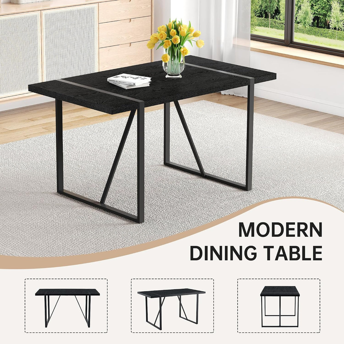 55" Black Dining Table Set for 6, 7 piece Modern Dining Table Set with Farbic Chairs, Farmhouse Kitchen Table Chairs Set of 6 Suit for Living Dining Room Furniture, Sturdy and Easy-to-Clean
