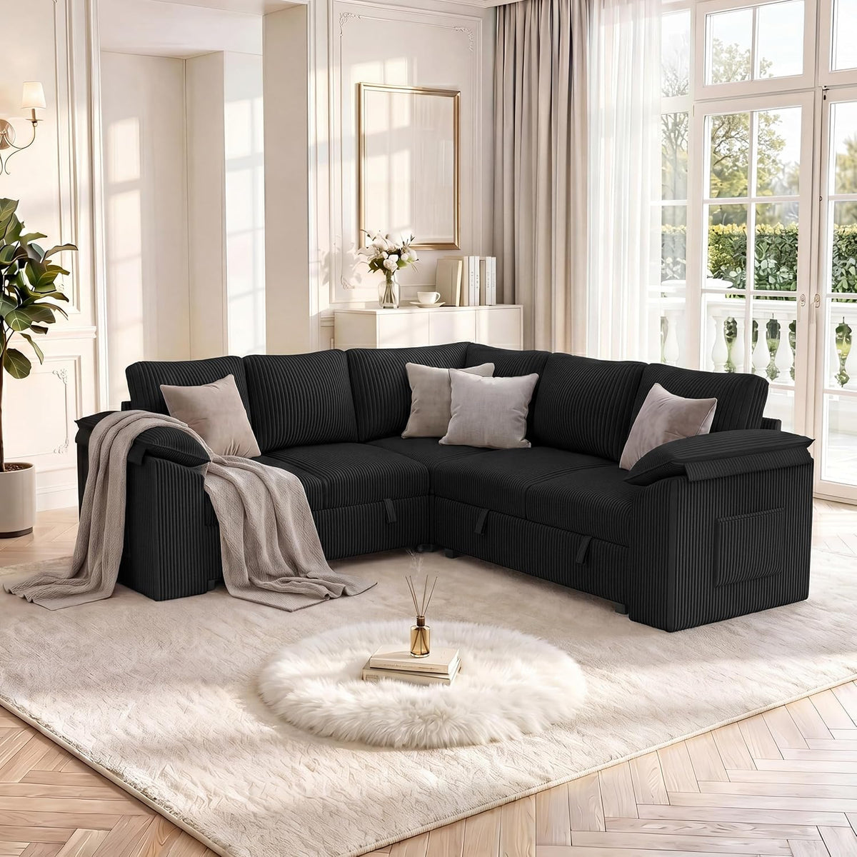 85 In L Shaped Modular Sectional Sofa Couch for Living Room, Black | Pull Out Sleeper Bed, 5 Seat Modular Design, Hidden Storage Space, Soft Corduroy Fabric, Removable Covers, Easy Assembly