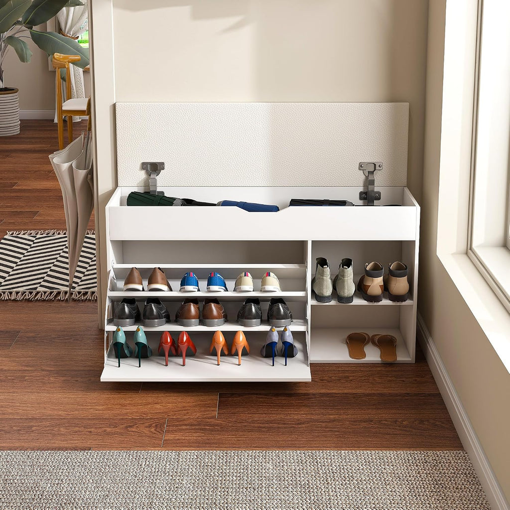 White Shoe Storage Bench, 3-Tier FlipUp Entryway Bench, 39.7 x 11.8X 20.47 Wooden Entry Way Shoe Cabinet, Hold up to 300 lb (A)