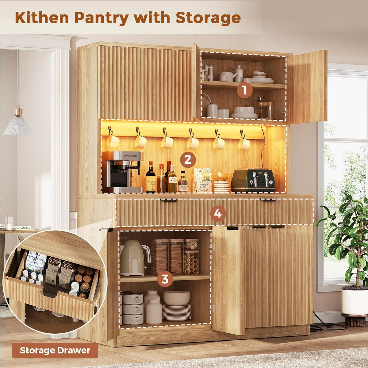 Jocoevol Fluted Kitchen Pantry Storage Cabinet with Charging Station/LED Light/Doors/Shelves, 71'' Tall Kitchen Food Hutch with Microwave Stand for Dining Room Living Room (Natural, 47 * 15.7 * 71)