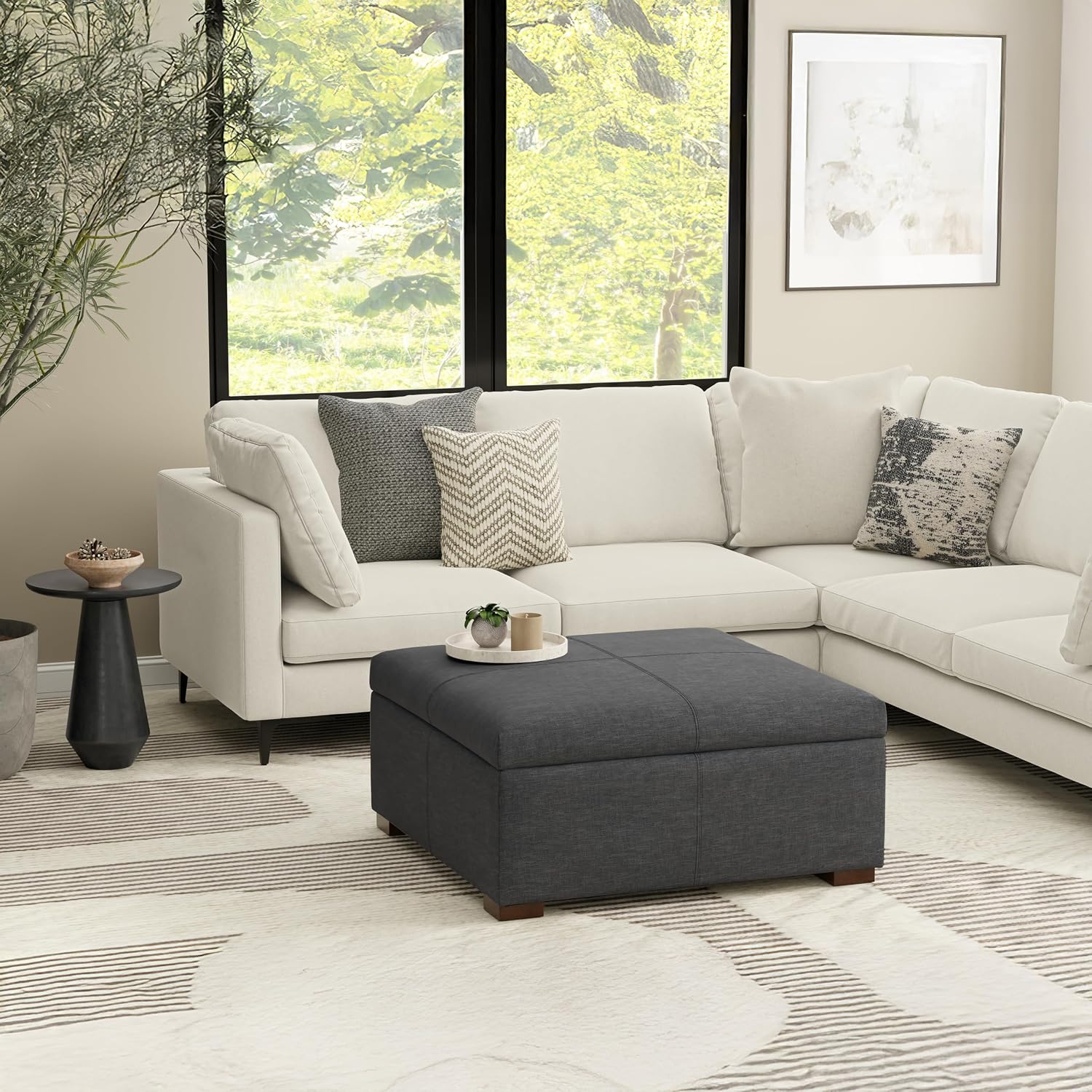 SIMPLIHOME Gabbie 36" Wide Linen Look Fabric Storage Ottoman in Slate Grey | Contemporary ottoman with lift-top storage; rectangle storage bench for living room, bedroom, and entryway.