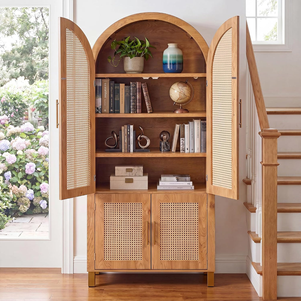 Merax 71'' Tall Farmhouse Rattan Arched Storage Cabinet | Boho Style Pantry Cabinet, Open Countertop, Rattan Doors & Adjustable Shelves, Arched Cabinet for Kitchen Dining Room