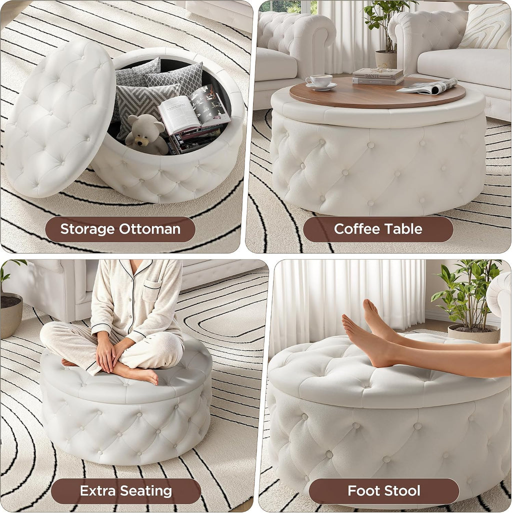 FiveWillowise 30 Inch Round Ottoman with Storage Tray,Large Coffee Table | Circle Modern Button Footstool with Removable Lid,Cozy Foot Stools for Living Room, Bedroom,Makeup Room,Cream White