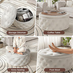 FiveWillowise 30 Inch Round Ottoman with Storage Tray,Large Coffee Table | Circle Modern Button Footstool with Removable Lid,Cozy Foot Stools for Living Room, Bedroom,Makeup Room,Cream White