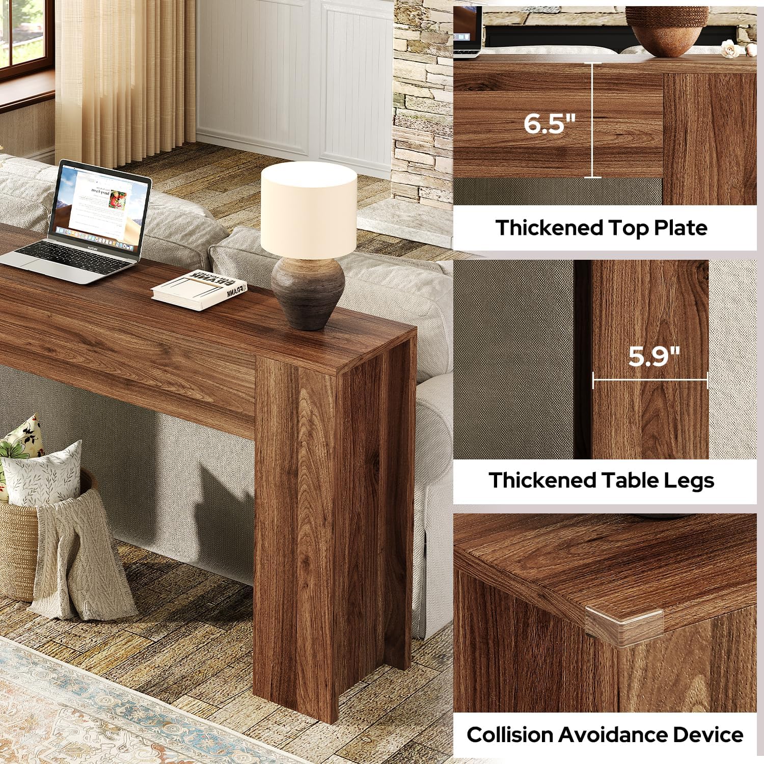 UNIQUITE 63-Inch Long Console Table with RGB LED Lights, Extra Wide and Thick Sofa Table Behind Couch, Farmhouse Entryway Table for Entrance, Hallway, Living Room, Brown