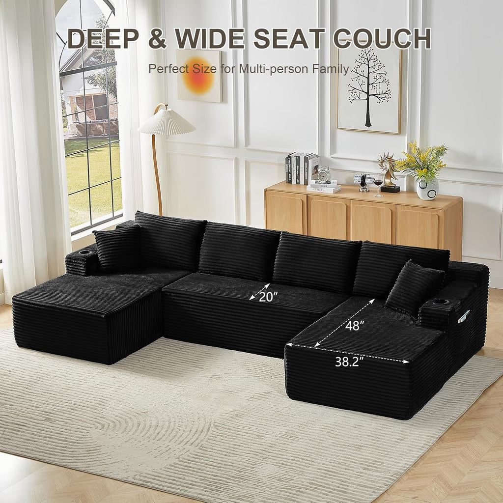 Tmsan 133.5" Black Sectional Sofa Couches for Living Room, Oversized U Shaped Cloud Modular Set with Cup Holders & Side Pockets & Deep Seat, Comfy Corduroy Foam Compressed No Assembly