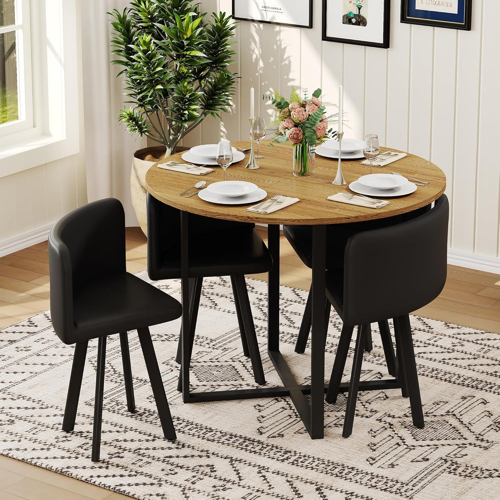 39.5" Round Dining Table Set for 4, 5 Piece Dining Table Set with 4 Tuck-Under Chairs, Farmhouse Kitchen Table Chairs Set, Space Saving Wood Round Dining Room Table Set for Apartments,Home