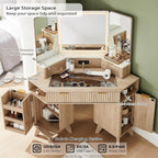 T4TREAM 48" Fluted Corner Makeup Vanity Desk with 3 Way Mirror and Light | Dimmable LED Light, Touch Control, Glass Top, Charging Station, Spacious Drawers, Storage Shelves, Open Cubby, for Bedroom