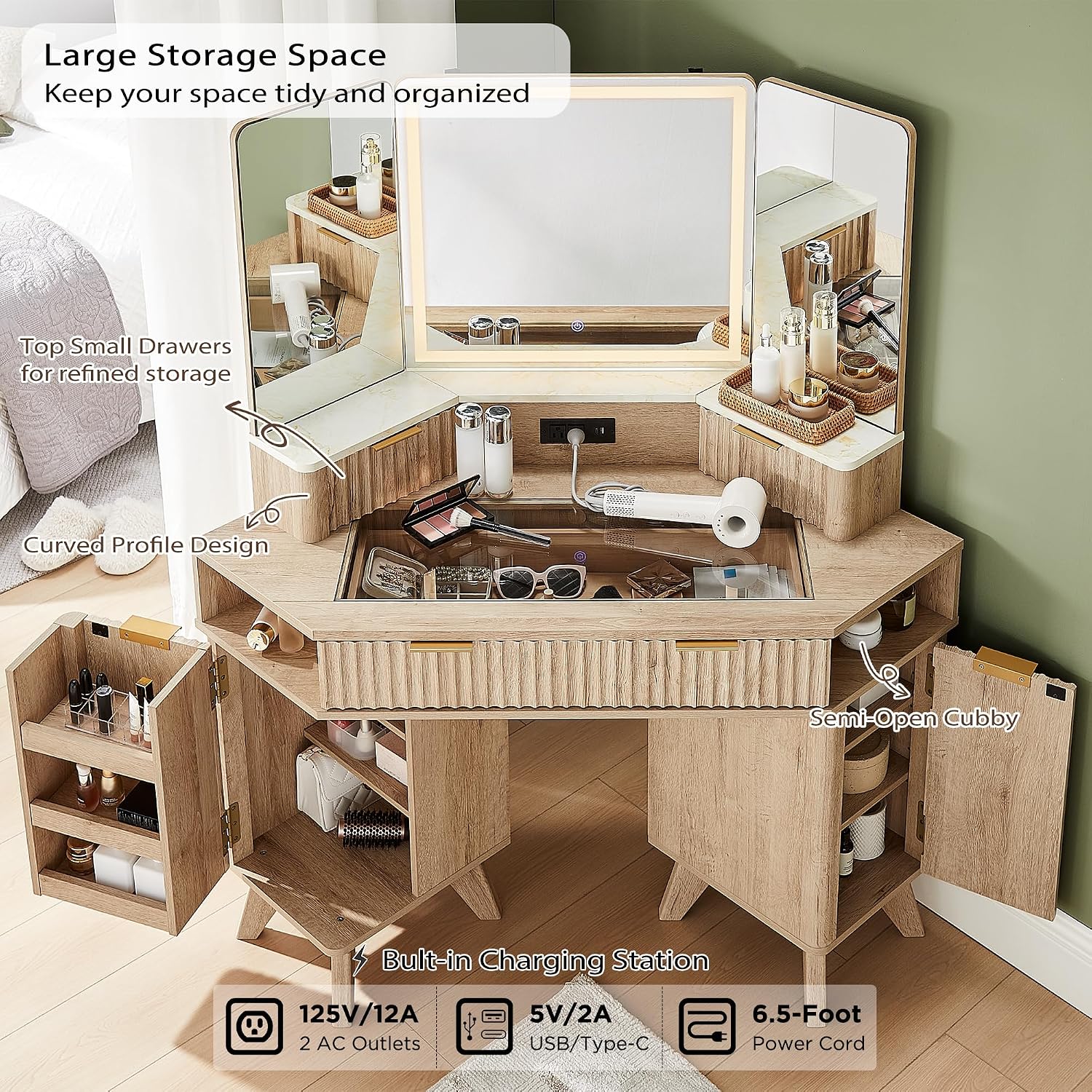 T4TREAM 48" Fluted Corner Makeup Vanity Desk with 3 Way Mirror and Light | Dimmable LED Light, Touch Control, Glass Top, Charging Station, Spacious Drawers, Storage Shelves, Open Cubby, for Bedroom