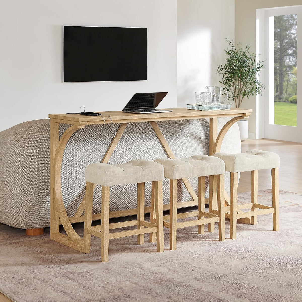 Merax 59 Inch Industrial Bar Table Set with Power Outlet, 3 Linen Upholstered Stools, Counter Height Table Set with 24 Inch Seat Height Stools for Kitchen, Living Room,Light Oak+Beige