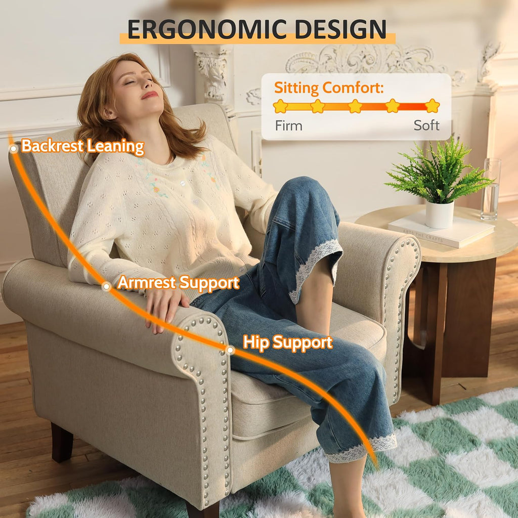 PrimeZone Comfy Accent Chairs Set of 2, Mid-Century Modern Arm Chair, Beige | Soft Cushion, Rolled Armrest, Elegant Nailhead Trim, Sturdy Wood Frame, Ideal for Living Room, Bedroom & Waiting Areas