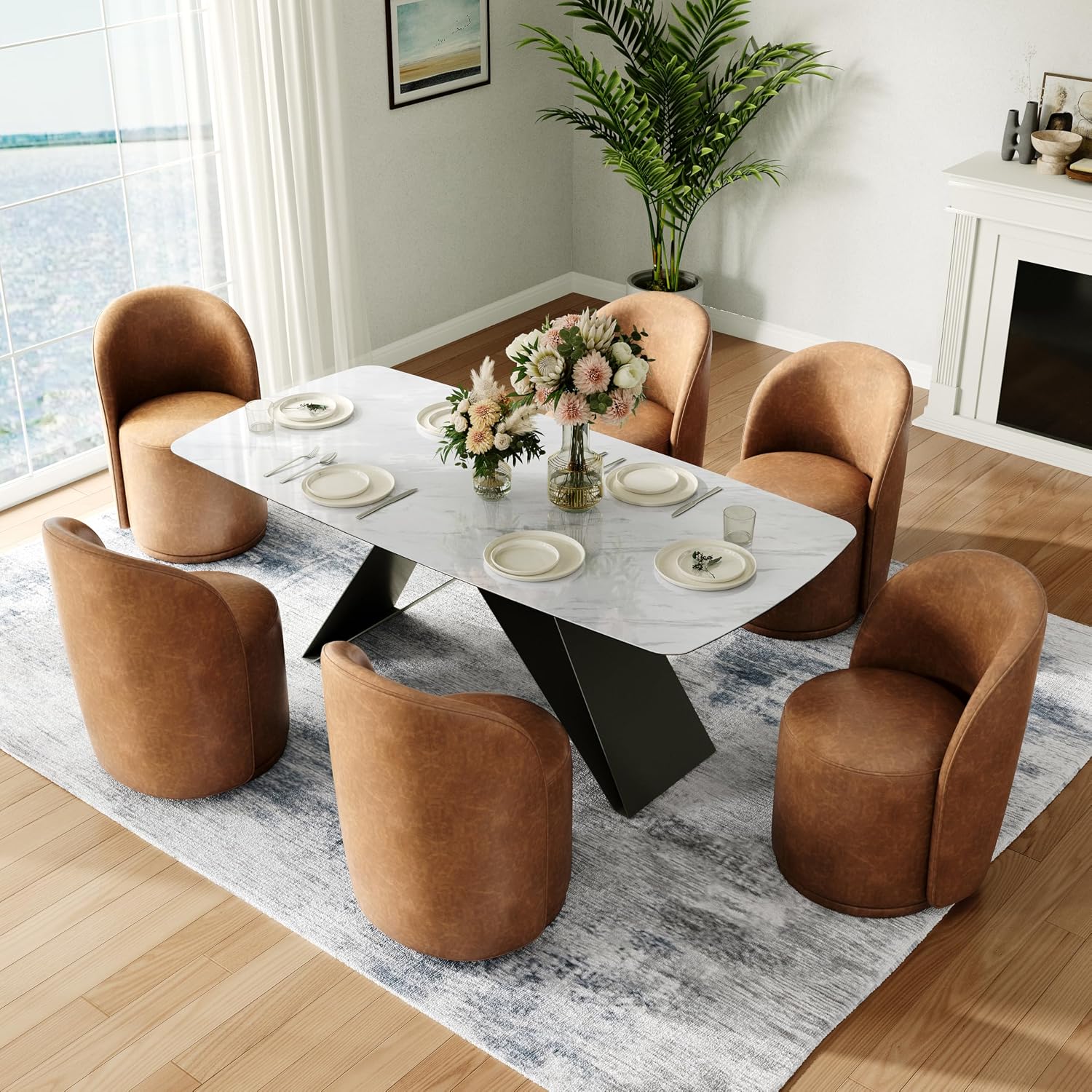 Swivel Barrel Dining Chairs, Upholstered Modern Accent Chair for Living Room, Bedroom, Makeup Vanity, Dining Room, Kitchen (Swivel Leather Brown, Set of 6)